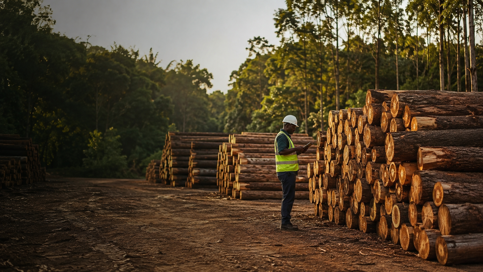 Mature logs arranged at a responsible timber yard